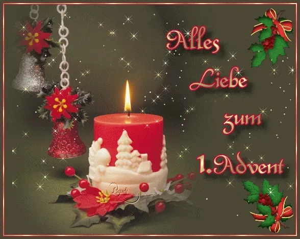 Rode kaars met kerstdecoraties en de tekst "Alles Liebe zum 1. Advent".