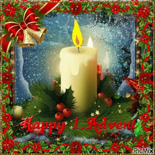 Kaars in winterse setting met kerstversiering en tekst "Happy 1. Advent".