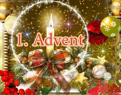 Afbeelding van een kerstdecoratie met de tekst "1. Advent" en een kaars in het midden.