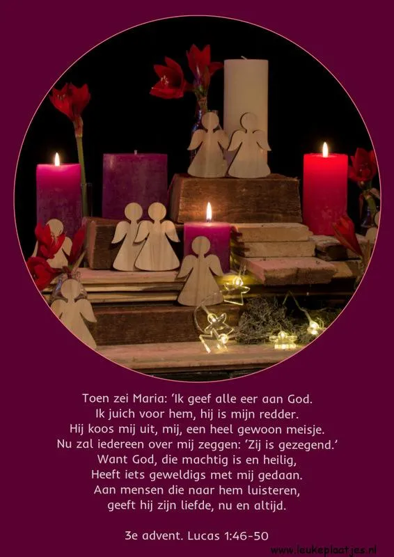 ᐅ 3e advent - 3e Adventzondag plaatjes Decoratie met kaarsen en houten figuren, Adventstekst voor de derde zondag.