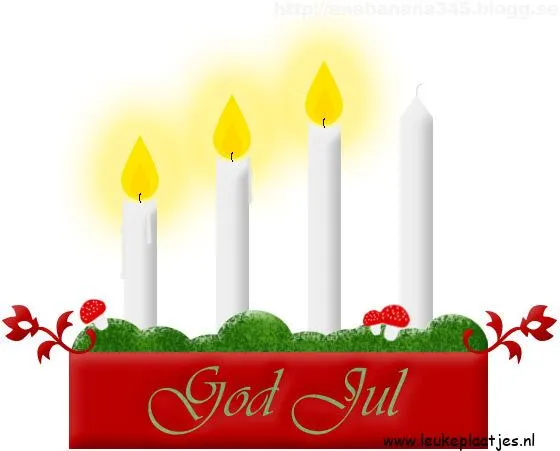 ᐅ 3e advent - 3e Adventzondag plaatjes Vier kaarsen op een groene ondergrond met de tekst 'God Jul'.