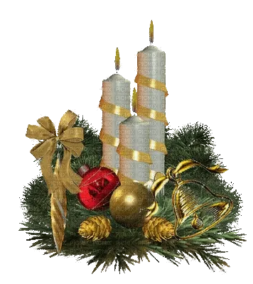 ᐅ 3e advent gif - 3e Adventzondag plaatjes Kerstdecoratie met kaarsen, kerstballen, een bel en dennenappels.