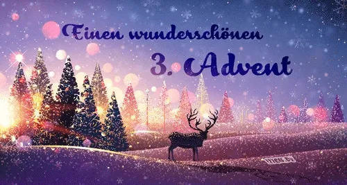 ᐅ 3e advent gif - 3e Adventzondag plaatjes Kerstachtige scène met kerstbomen en een hert voor de derde Advent.