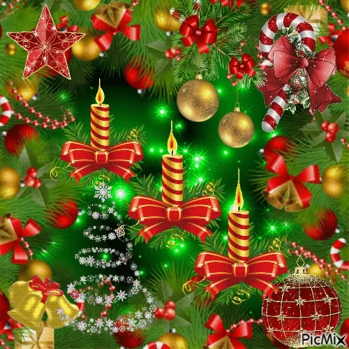 ᐅ 3e advent gif - 3e Adventzondag plaatjes Drie kaarsen met linten omringd door kerstdecoraties en groene takken.