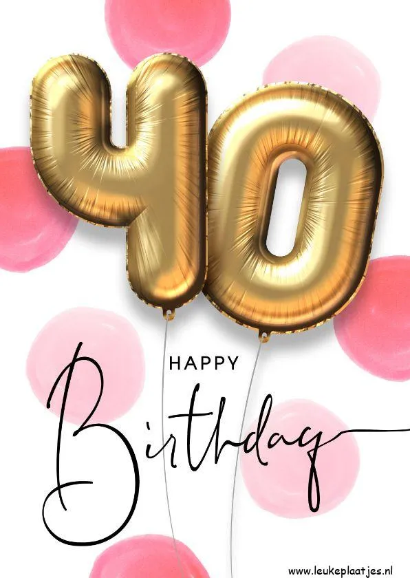 Gouden ballonnen met het cijfer 40 en de tekst 'Happy Birthday' op een kleurige achtergrond.
