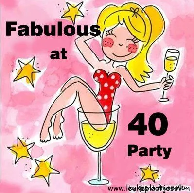 Vrolijke tekening van een vrouw in een glas, met tekst over een 40e verjaardagsfeest.