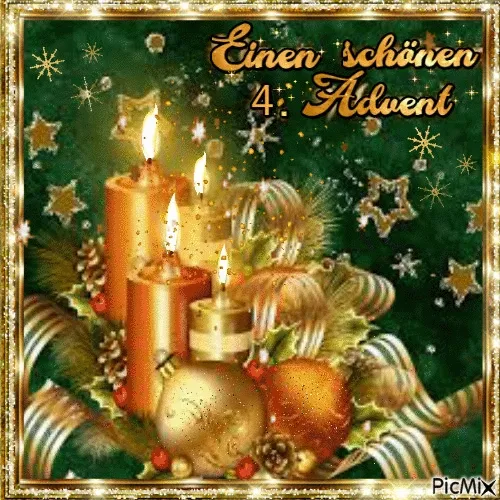 Kaarsen en kerstballen op een groene achtergrond met "Einen schönen 4. Advent".