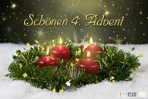 Kerststuk met vier kaarsen en sterren, met de tekst "Schönen 4. Advent".