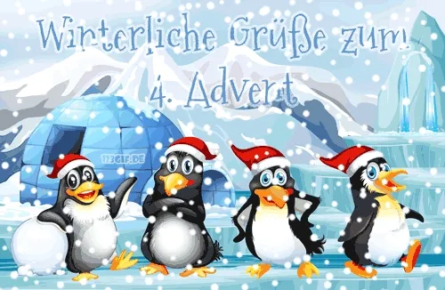 Vijf schattige pinguïns in kerstmutsen met sneeuw in een sneeuwlandschap.