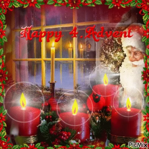 Kaarsen branden bij een raam met kerstdecoraties en de tekst "Happy 4. Advent".