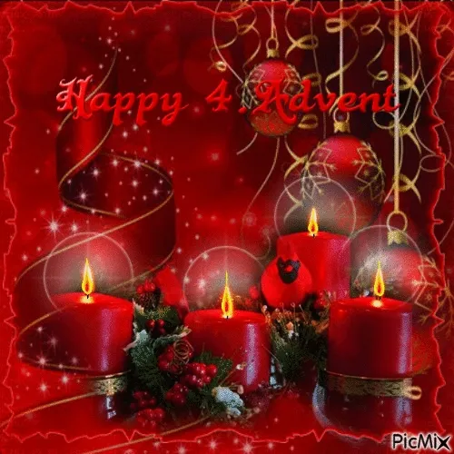 Vier rode kaarsen met versieringen voor Advent en een vrolijke tekst.