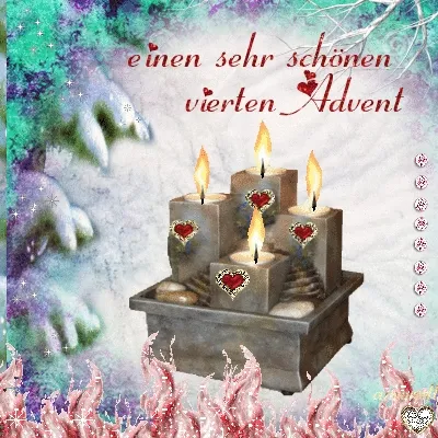 Vier kaarsen branden in een decoratieve houder, op een feestelijke achtergrond.