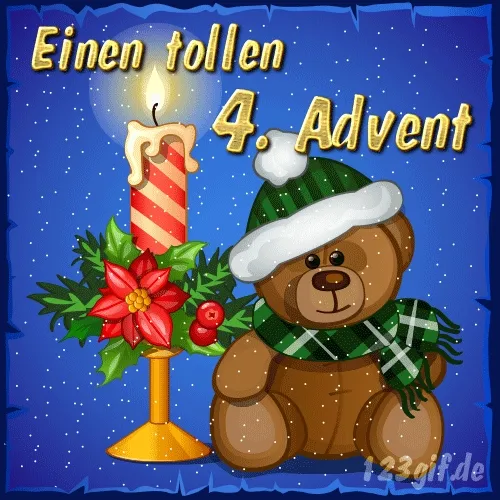 Een schattige teddybeer met een kaars en een kerstster voor de 4e Advent.