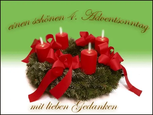Adventskrans met vier rode kaarsen en een strik, op een groene achtergrond.