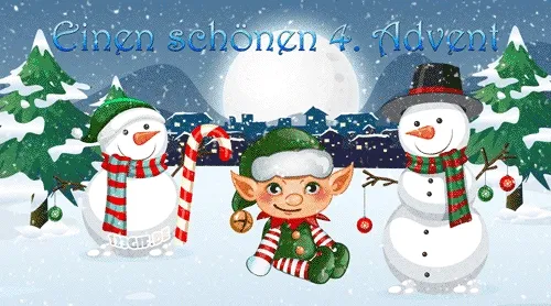 Elf met sneeuwpoppen in een winterlandschap, vrolijke 4e Advents boodschap.
