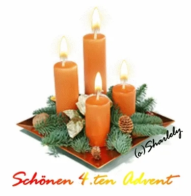 Vier oranje adventskaarsen met groenere takken en dennenappels op een schaal.