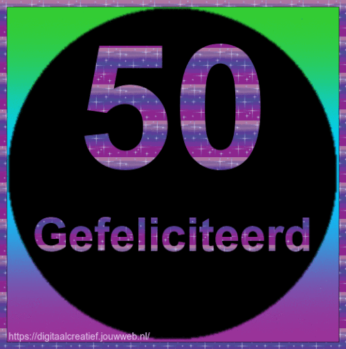 50 jaar man humor gif - Zwarte cirkel met de tekst "50 Gefeliciteerd" in paarse sterrenachtergrond.