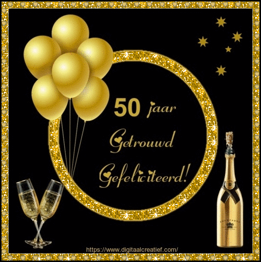 50 jaar man humor gif - Zwarte achtergrond met gouden ballonnen, champagneflessen en glazen. 50 jaar getrouwd.