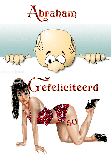 50 jaar man humor gif - Een jarige man kijkt boven een muur, met de tekst 'Gefeliciteerd' en een vrouw in rode bikini.