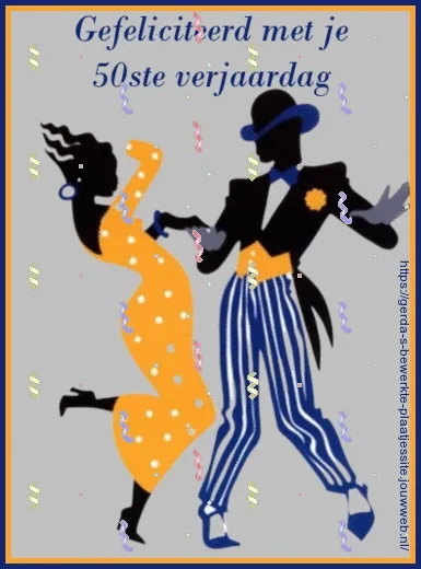 ᐅ De mooiste wensen voor een 50 jaar vrouw - Een bijzondere mijlpaal vieren - Verjaardag plaatjes Illustratie van een stel dat danst, ter viering van een 50ste verjaardag.