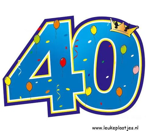 Grote felgekleurde 40 met ballonnen en confetti, ter gelegenheid van een jubileum.