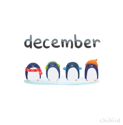 ᐅ afbeelding december - December plaatjes Vier schattige pingin met accessoires voor december op een sneeuwachtige achtergrond.