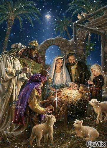 ᐅ afbeelding december - December plaatjes Een kerstscène met Maria, Jozef en de wijzen rondom de pasgeboren Jezus. Snijdend sneeuw.