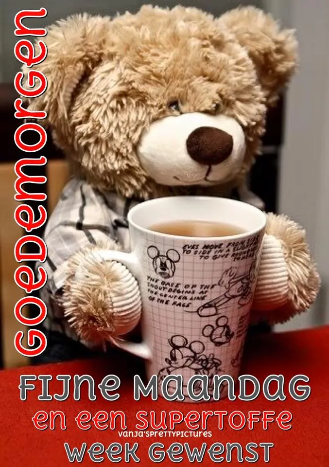 ᐅ afbeelding fijne maandag - Fijne week plaatjes Een teddybeer met een mok, wens voor een fijne maandag en week.
