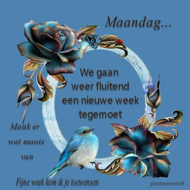 ᐅ afbeelding fijne maandag - Fijne week plaatjes Gefeliciteerd met maandag! Blauwe vogel en rozen in een mooie, kleurrijke opmaak.