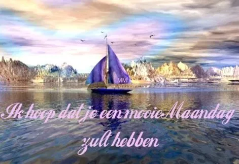 ᐅ afbeelding fijne maandag - Fijne week plaatjes Een zeilboot op rustig water met kleurrijke lucht en bergen op de achtergrond.