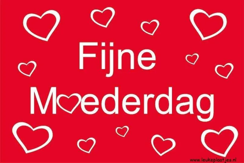 Rode achtergrond met de tekst "Fijne Moederdag" in witte letters, omlijst door harten.