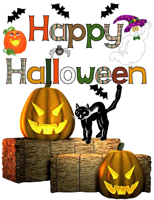 ᐅ afbeelding halloween - Halloween plaatjes Halloween versiering met pompoenen, een kat en spookachtige letters.