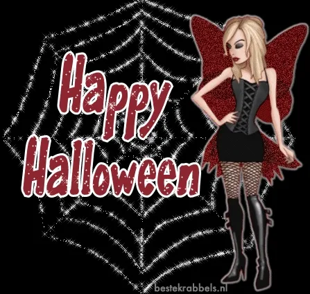 ᐅ afbeelding halloween - Halloween plaatjes Een vrouw in een zwart kostuum met vleugels, omringd door een spinnenweb.