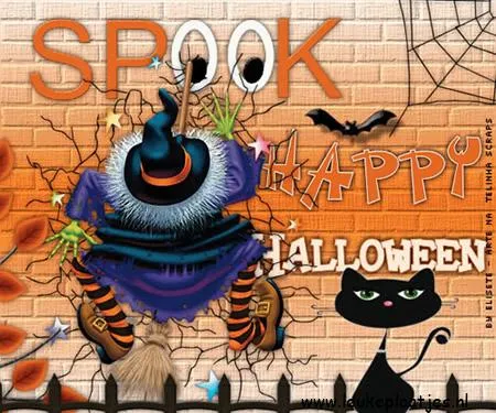 ᐅ afbeelding halloween - Halloween plaatjes Een vrolijke Halloween afbeelding met een heks en een zwarte kat.