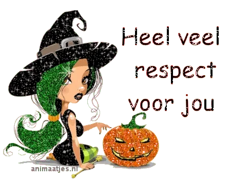 ᐅ afbeelding halloween - Halloween plaatjes Een heksenfiguur met groen haar en een pompoen, met tekst over respect.