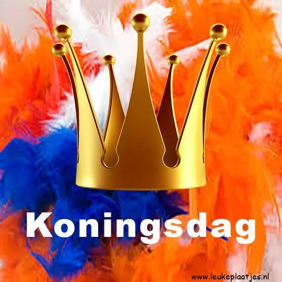 Gouden kroon met de tekst "Koningsdag" op een achtergrond van oranje veren.