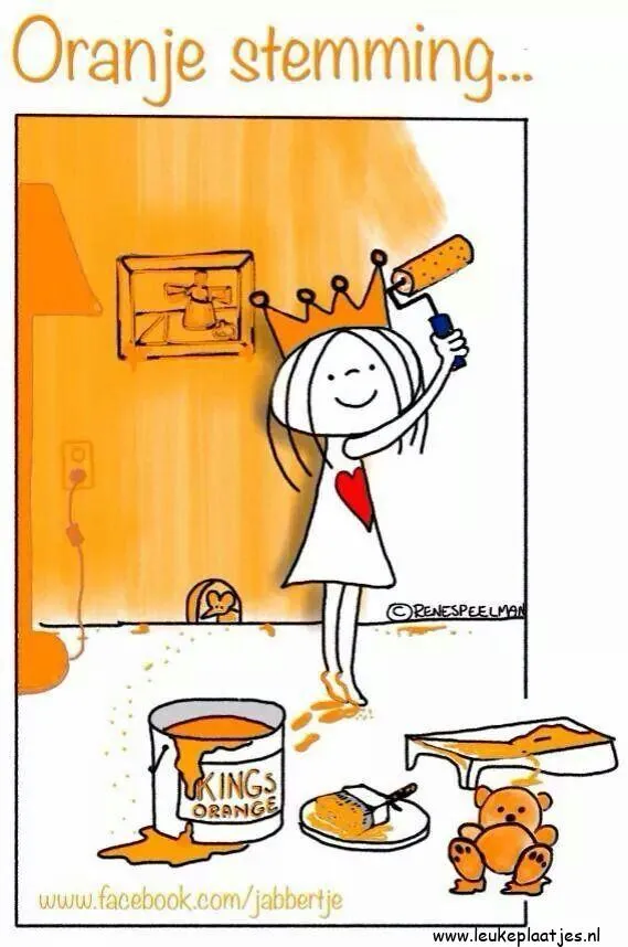 Meisje met kroon verft de muur oranje en heeft een pot verf en knuffelbeer.