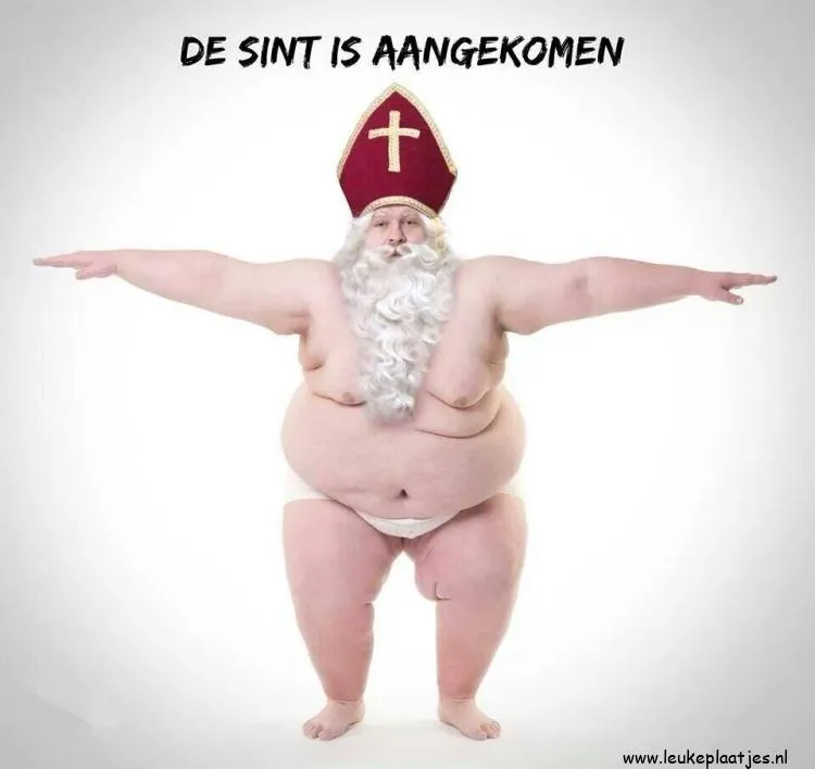 ᐅ afbeelding sinterklaas - Sinterklaas plaatjes Lelijke man in een mijter, met armen wijd, in een onderbroek, met tekst erboven.