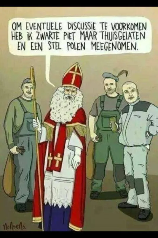 ᐅ afbeelding sinterklaas - Sinterklaas plaatjes Sinterklaas met mannen in werkoutfit, bespreekt Zwarte Piet en Polen.