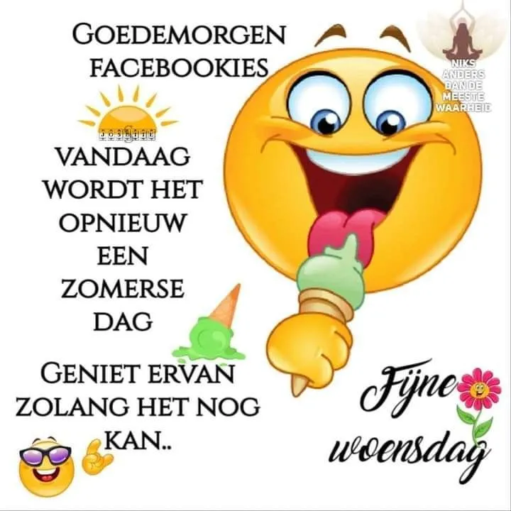 Zonnige groet met een lachende emoji en een ijsje voor een fijne woensdag.