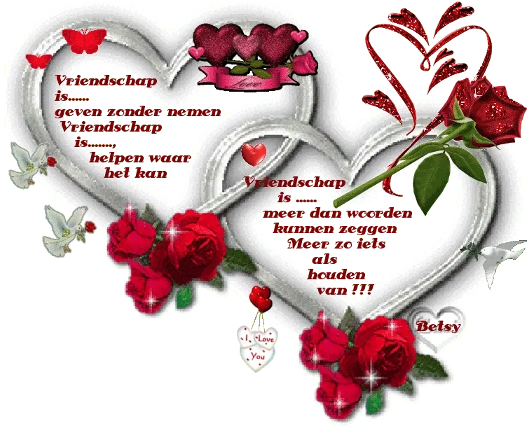 Twee harten met teksten over vriendschap en rode rozen.