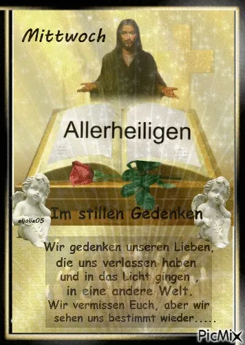ᐅ allerheiligen gif - Allerheiligen plaatjes Een man staat achter een open boek, met rozen en engelenbeelden, herdenkingsboodschap.
