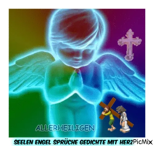 ᐅ allerheiligen gif - Allerheiligen plaatjes Kind met engelenvleugels en gevouwen handen, omringd door symbolen van geloof.