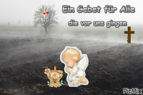 ᐅ allerheiligen gif - Allerheiligen plaatjes Een mistig landschap met een gebed, een engel en een kruis.