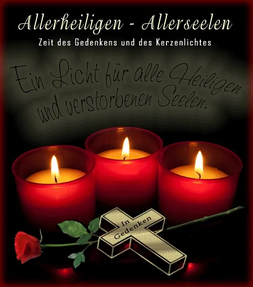 ᐅ allerheiligen gif - Allerheiligen plaatjes Drie brandende kaarsen met een kruis en een roos, ter nagedachtenis aan de overledenen.