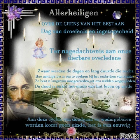 ᐅ allerheiligen gif - Allerheiligen plaatjes Afbeelding ter nagedachtenis aan overleden met kaarsen en bloemen. Tekst over leven en dood.