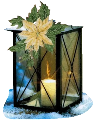 ᐅ allerheiligen gif - Allerheiligen plaatjes Lantaarn met een brandende kaars en bladeren bovenop, op een sneeuwachtige ondergrond.