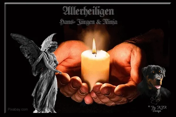ᐅ allerheiligen gif - Allerheiligen plaatjes Handen die een kaars vasthouden met een engel en een hond op de achtergrond.