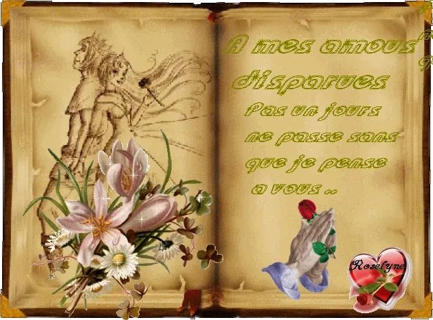 ᐅ allerheiligen gif - Allerheiligen plaatjes Een open boek met een hart en bloemen, tekst over verloren geliefden.
