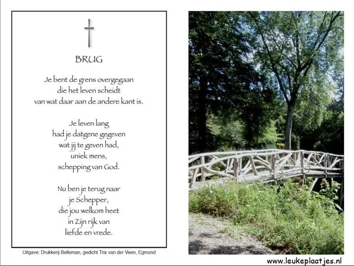 Een brug in het groen met een kruis en een inspirerende tekst ernaast.